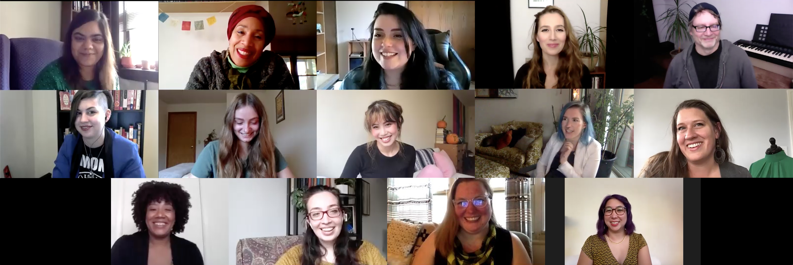 A group of artist of different ethnicities, many of them women, smile on a virtual call