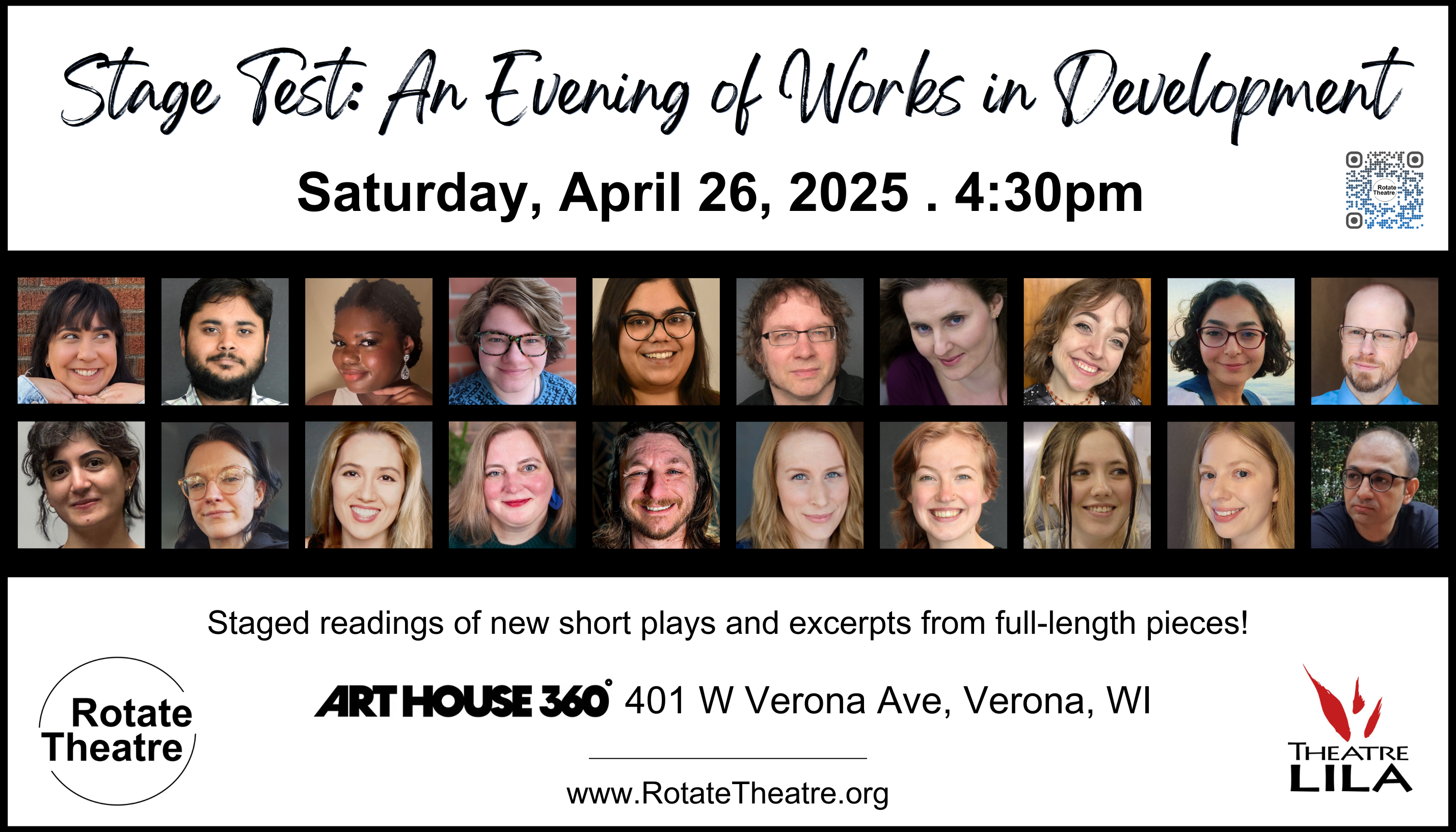 Rotate Theatre Company presents Stage Test: An Evening of Works in Development. Saturday, April 26, 2025, 4:30pm. Art House 360, Verona, WI. www.RotateTheatre.org